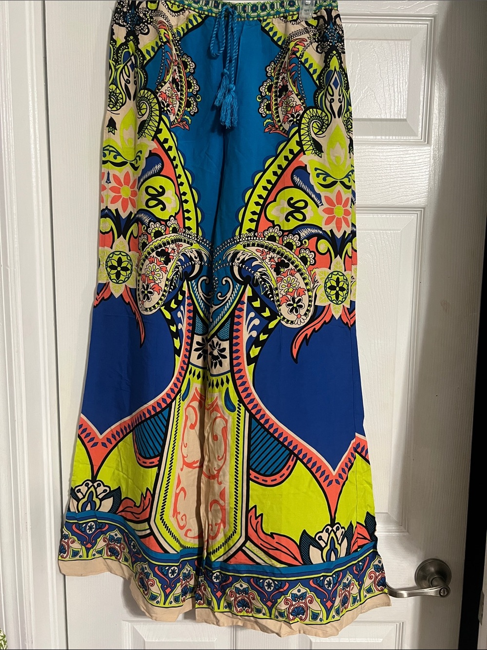 Flying Tomato Wide Leg Pants in Blue, Neon Green, Coral & Cream Paisley Print
